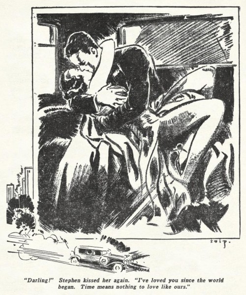 A black and white illustration, showing a white man and a white woman kissing in a car. Befitting her status as a chorus girl, she's showing off her legs, and is bent backwards over the hero's lap with her arm around his neck. His own arms are in turn around her, and he's getting a big ol' handful of side-boob. The caption at the bottom reads, " 'Darling!' Stephen kissed her again. 'I've loved you since the world began. Time means nothing to love like ours.' "